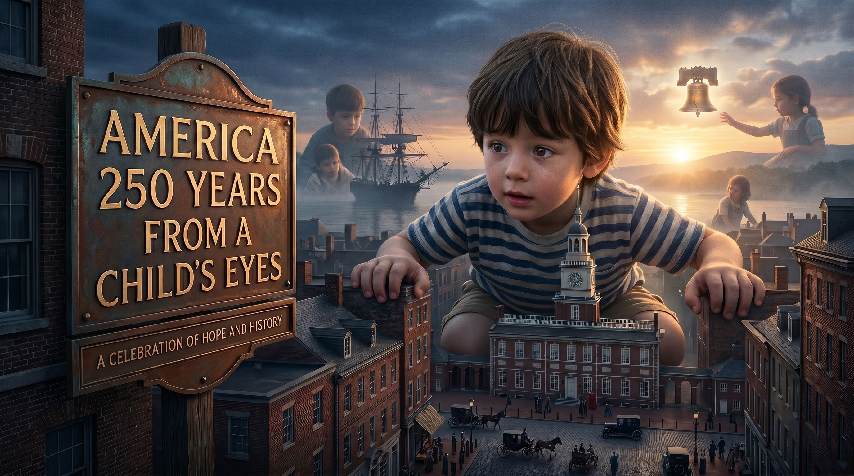 America 250 — From a Child's Eyes: a giant child peering over a colonial city with Independence Hall, a tall ship, and the Liberty Bell.